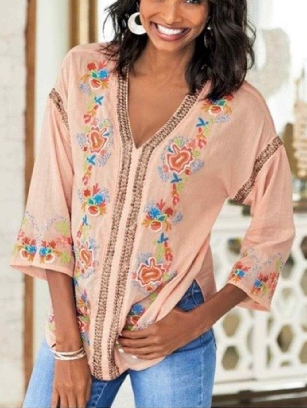 NWT Soft Surroundings Blush Peach  Embroidered V-Neck Tunic